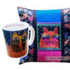 Künstlerkissen mit Künstlertasse der Desgnerin Laurel Burch. Hochwertige Baumwollstoffe bunten mit Katzenmotiven zu einem Lesekissen mit Fach aufwändig gearbeitet. Einzelstück aus Deutschland. Handarbeit, handmade with Love in Germany