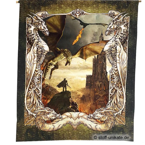 Wandbehang mit Drachen und Ritter, genäht aus hochwertigen Stoffen. Stoff-Unikat handmade in Germany