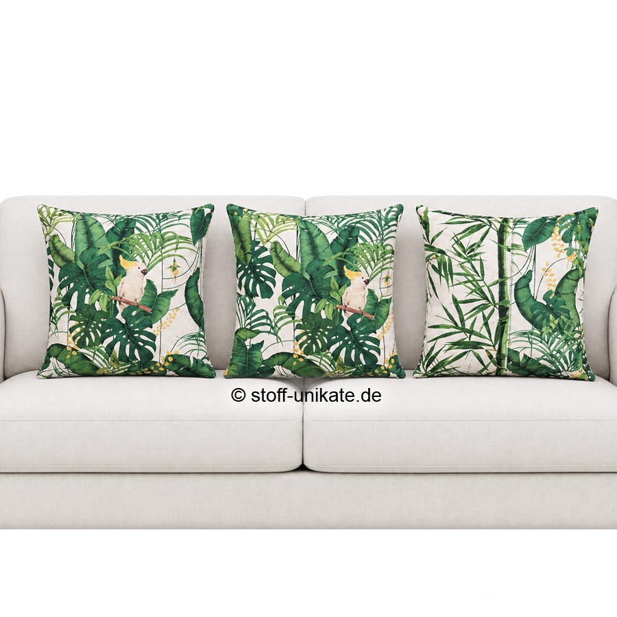 Deko-kissen-Serie mit Kakadus im Urwald. Stoff-Unikate handmade in germany