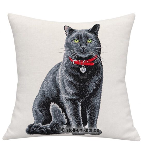 Gobelin-Kissen mit schwarzer Katze Blacky. Stoff-Unikate handmade in germany