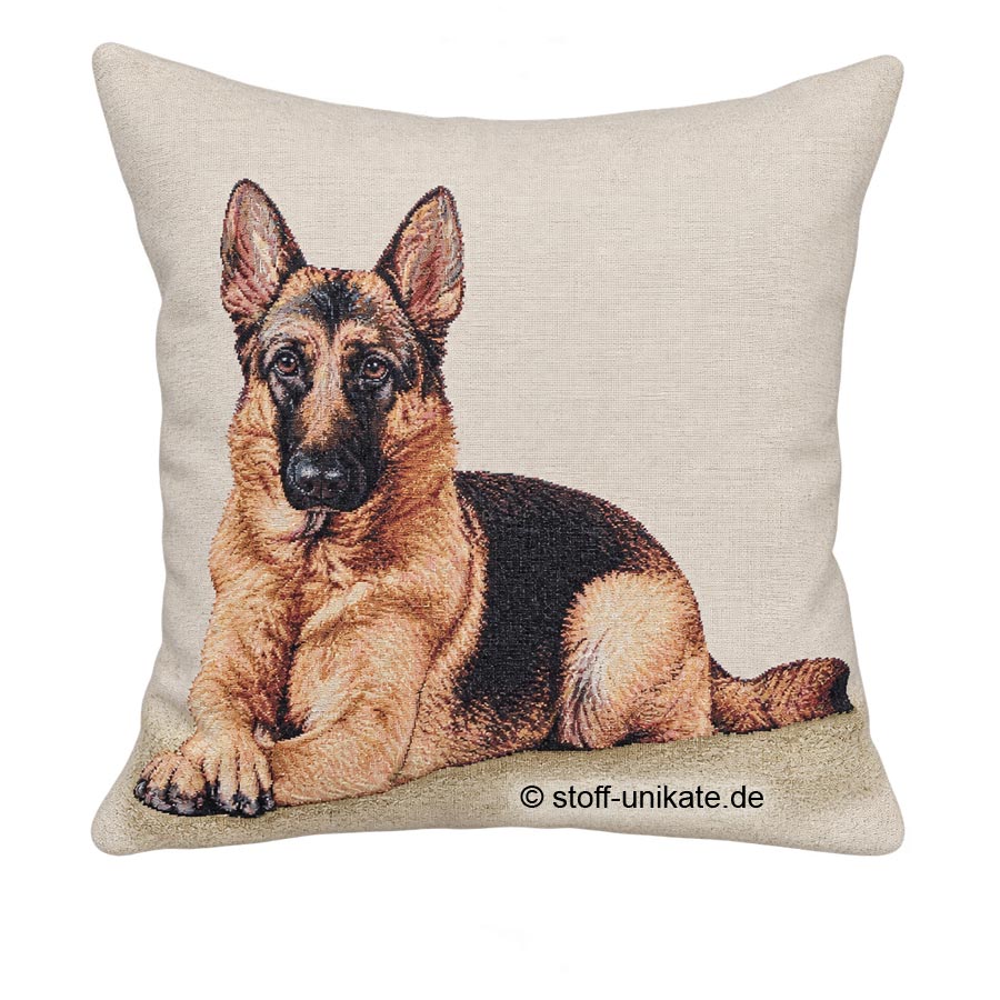 Gobelin-Kissen mit Schäferhund-Motiv. Stoff-Unikate handmade in Germany