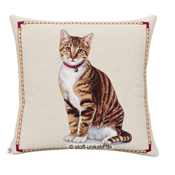 Deko-Kissen, Gobelin-Kissen mit Tigerkatze Schmusy. Stoff-Unikáte handmade in Germany