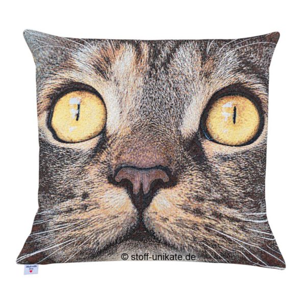 Gobelin-Kissen mit Katzenkopf. Stoff-Unikate handmade in germany
