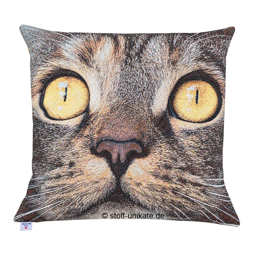 Gobelin-Kissen mit Katzenkopf. Stoff-Unikate handmade in germany