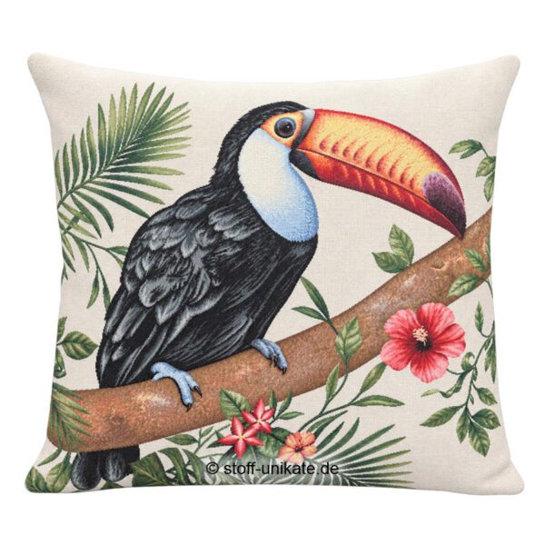 Deko-Kissen, Gobelin-Kissen mit Tukan Vogel. Stoff-Unikate handmade in Germany