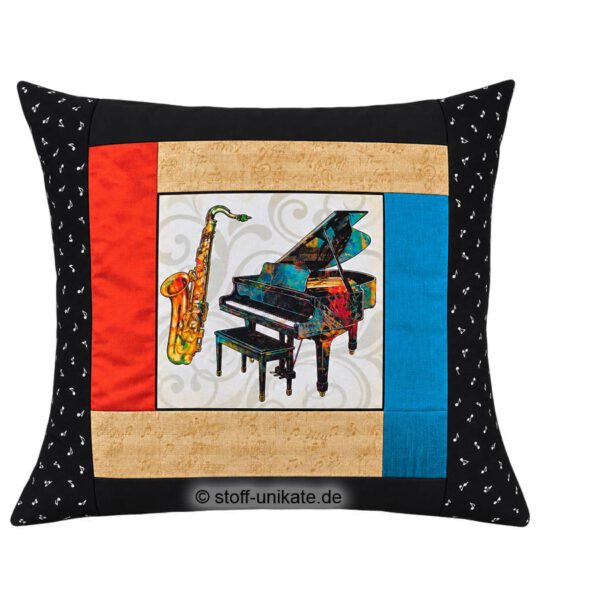 Dekokissen mit Saxophon und Klavier. Stoff-Unikate handmade in Germany