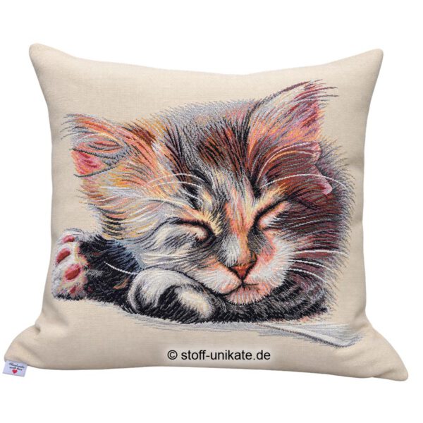 Gobelin-Kissen mit schlafendem Kätzchen, Katze. Stoff-Unikate handmade in germany