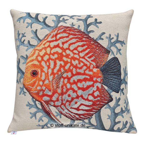 Gobelin-Kissen, Deko-Kissen mit Diskussfisch. Stoff-Unikate handmade in germany