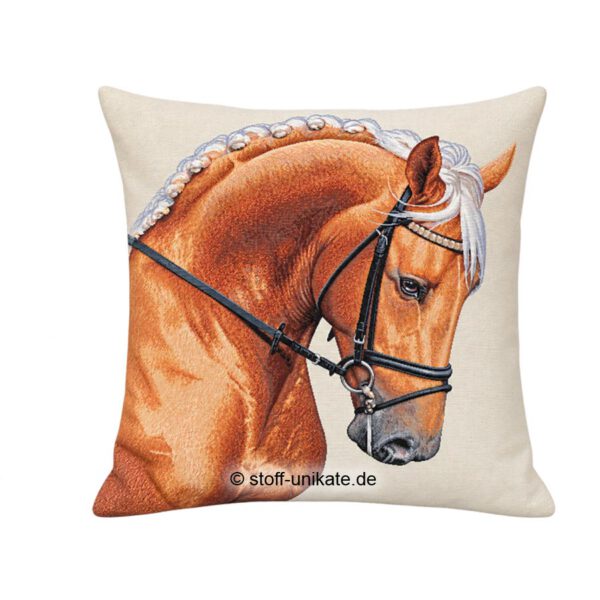 Dekokissen, Gobelin-Kissen mit braunem Reitpferd. Stoff-Unikate handmade in Germany
