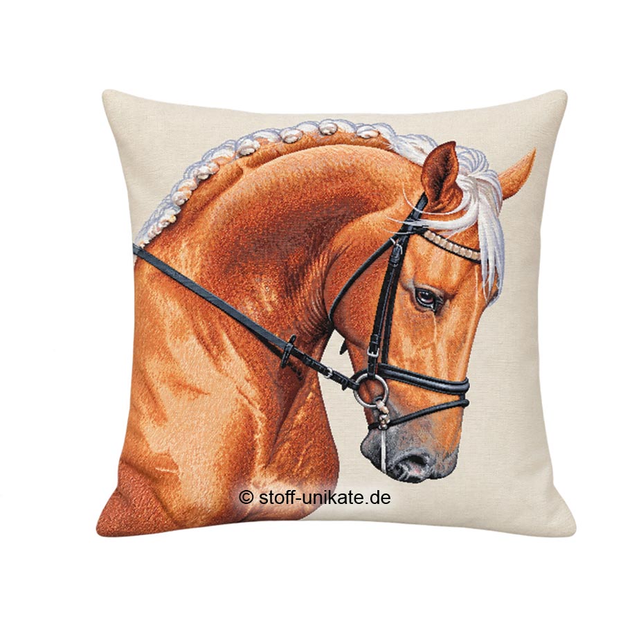 Dekokissen, Gobelin-Kissen mit braunem Reitpferd. Stoff-Unikate handmade in Germany