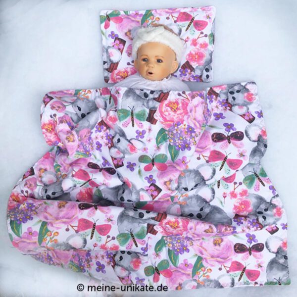 Set Babydecke mit passendem Kissen in Rosatönen mit Koalabären. Ideal als Ausfahrgarnitur oder Einschlagdecke. Unikat handmade in Deutschland