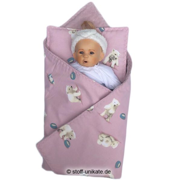 Babydecke mit Eisbären, Einschlagdecke in altrosa- Stoff-Unikate handmade in germany