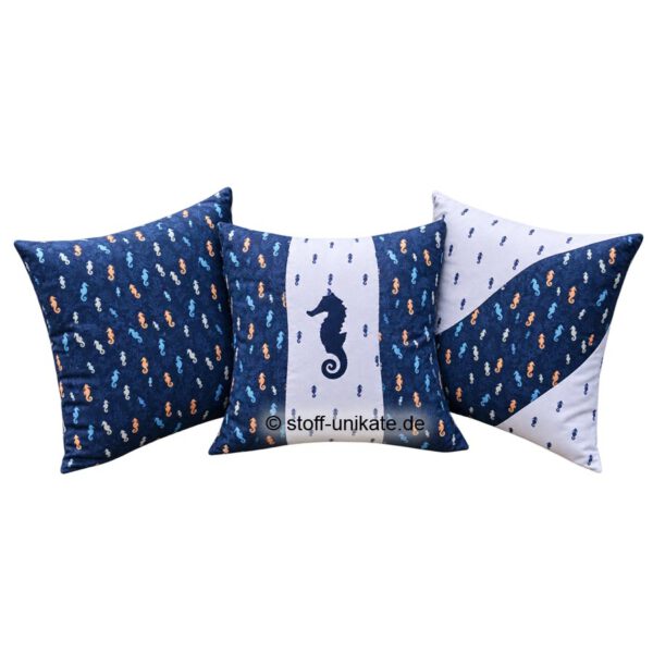 Deko-Kissen-Serie mit Seepferdchen. Stoff-Unikate nandmade in Germany