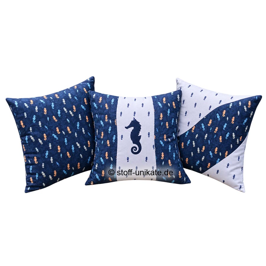 Deko-Kissen-Serie mit Seepferdchen. Stoff-Unikate nandmade in Germany