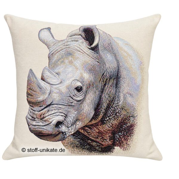 Gobelinkissen mit Nashorn-Kopf. Stoff-Unikate handmade in Germany