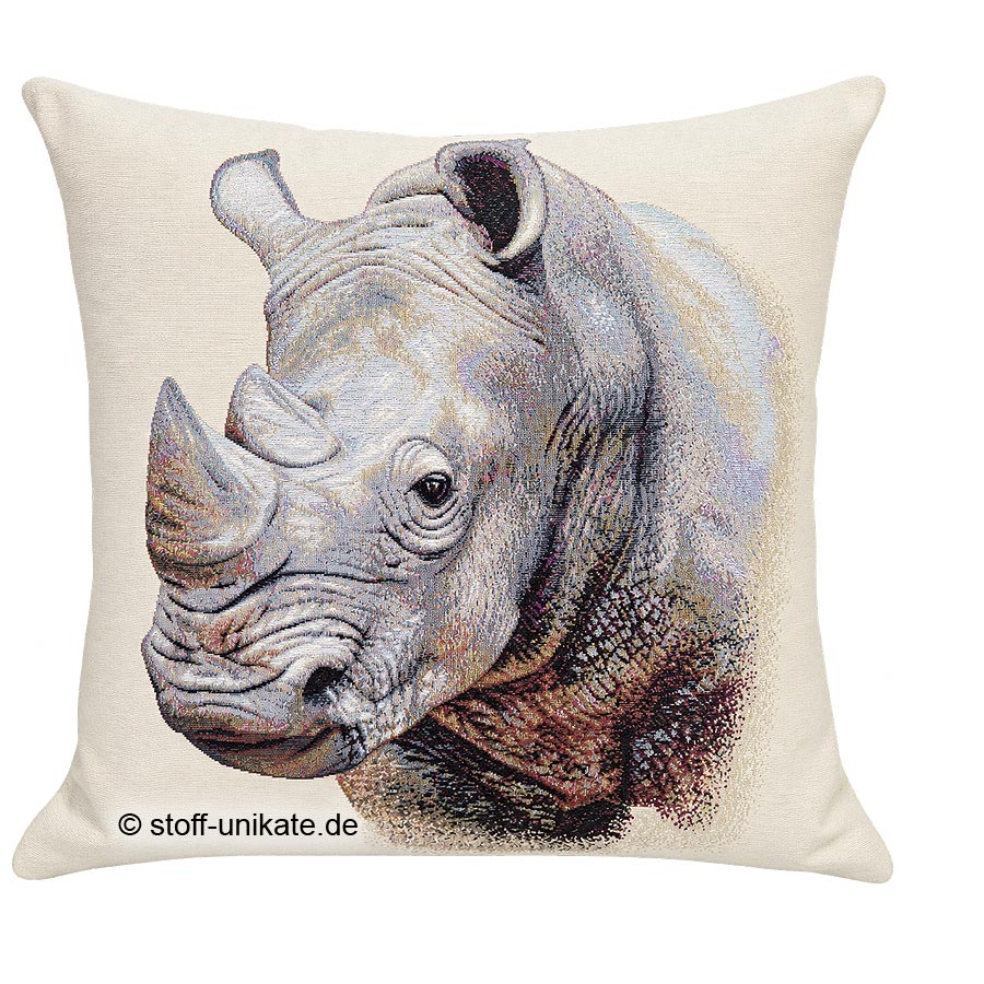 Gobelinkissen mit Nashorn-Kopf. Stoff-Unikate handmade in Germany