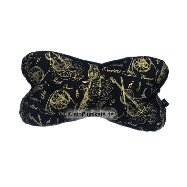 Leseknochen in schwarz-gold mit Musikinstrumenten. Stoff-Unikate handmade in Germany