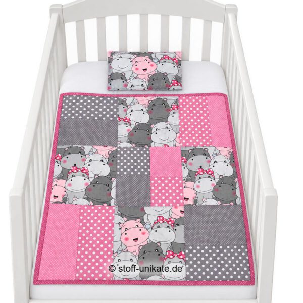 Babydecke, Geschenk zur Geburt, Taufe mit Nilpferden, Hippos aus Baumwolle und kuscheligem Bambusfrottee- Stoff-Unikate handmade in Germany