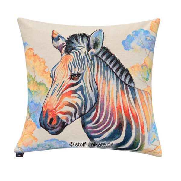 Dekokissen, Gobelin-Kissen mit Zebrakopf in Regenbogenfarben. Stoff-Unikate handmade in germany
