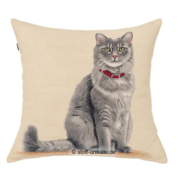Gobelin-Kissen mit grauer Katze. Stoff-Unikate handmade in Germany
