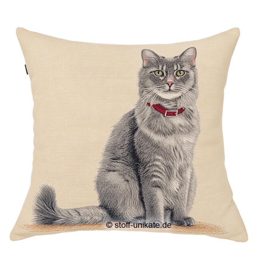 Gobelin-Kissen mit grauer Katze. Stoff-Unikate handmade in Germany
