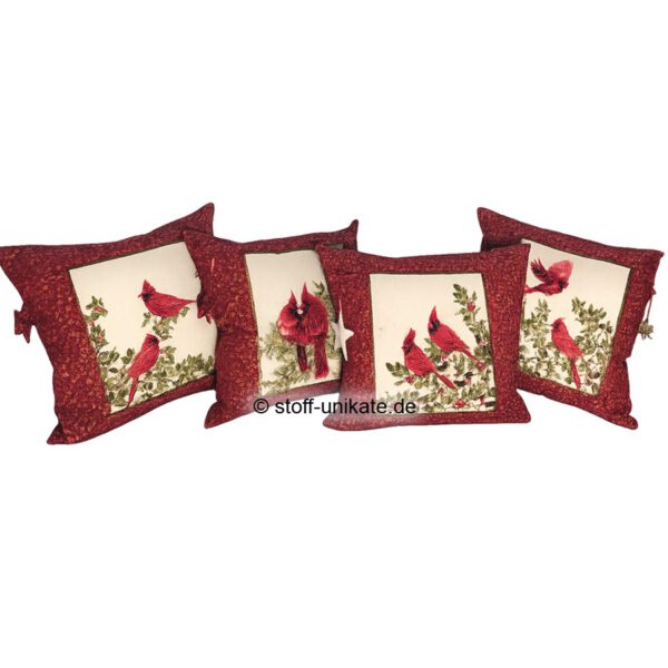 Dekokissen Serie mit Kardinalvögeln. Ideal zu Weihnachten. Stoff-Unikate handmade in Germany