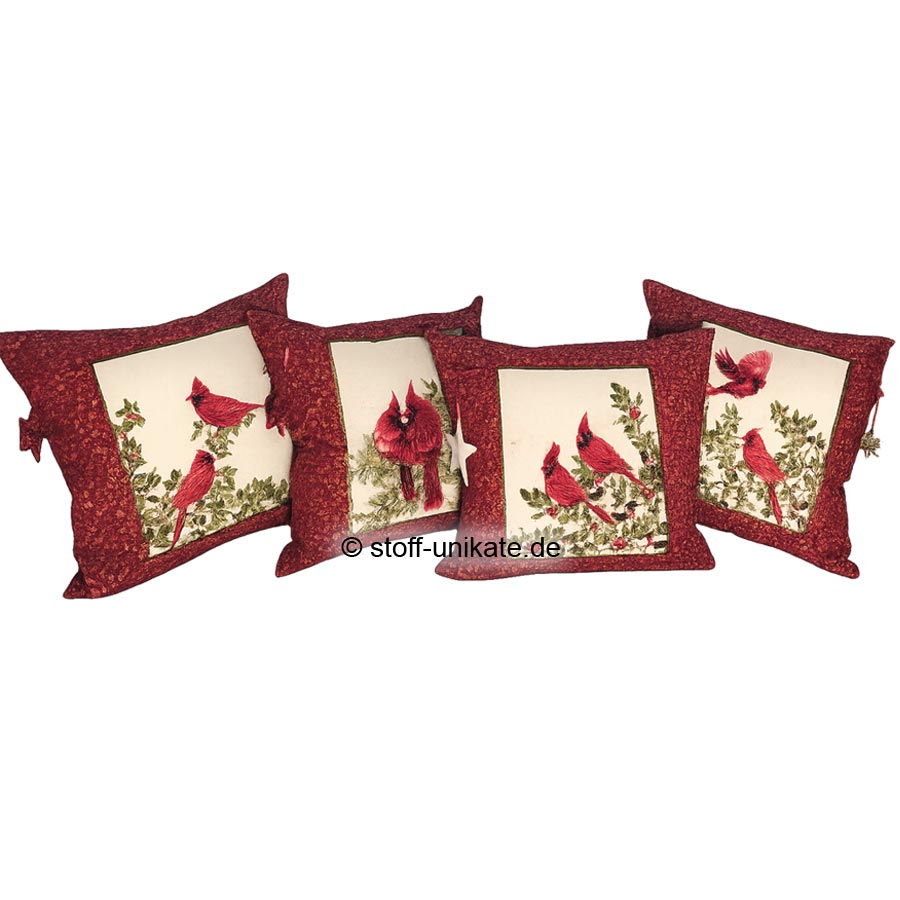 Dekokissen Serie mit Kardinalvögeln. Ideal zu Weihnachten. Stoff-Unikate handmade in Germany