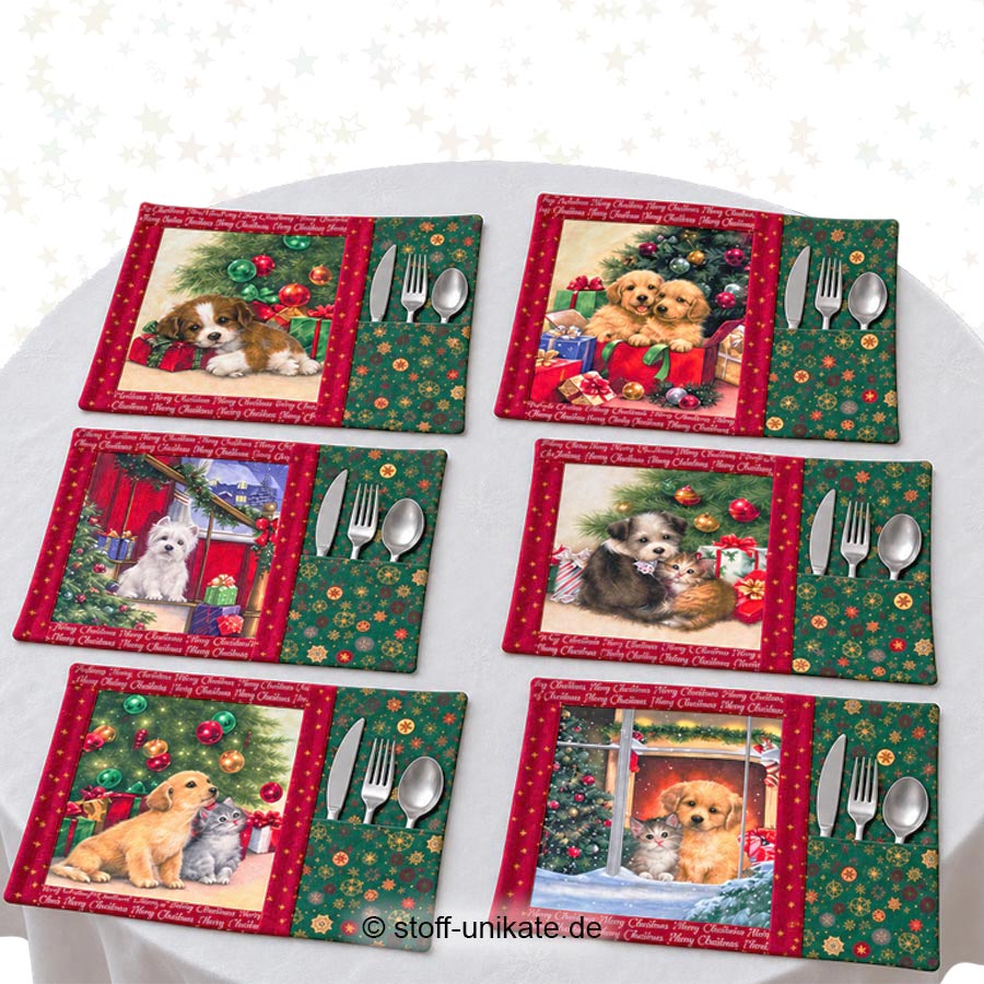 Tischsets Animal Christmas mit Hundemotiven zur Weihnachtszeit. Stoff-Unikate handmade in Germany