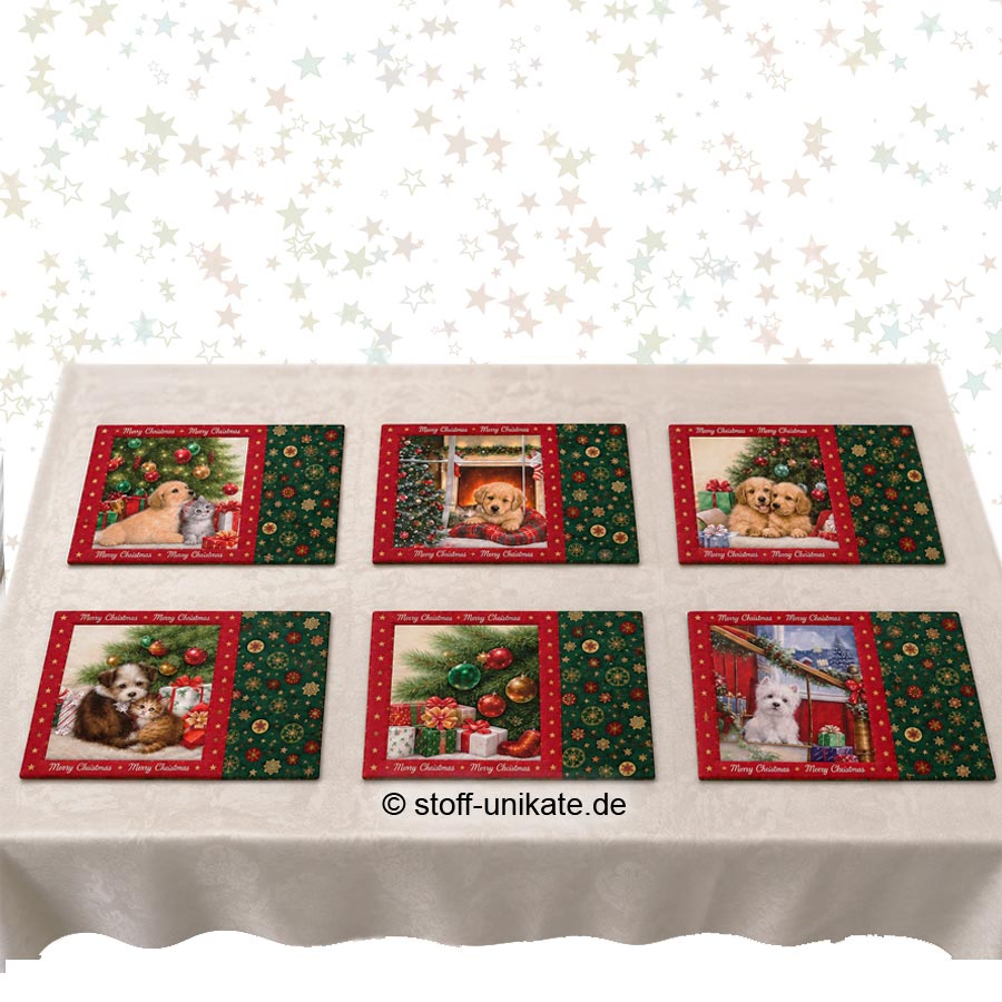 Tischsets mit Hundemotiven zur Weihnachtszeit. Stoff-Uniakte handmade in Germany