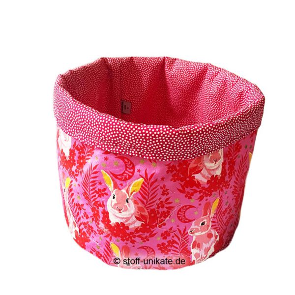 Stoffkorb, Utensilo mit pinkfarbenen Hasen aus Tula Pink Stoff genäht. Stoff-Unikate handmade in germany