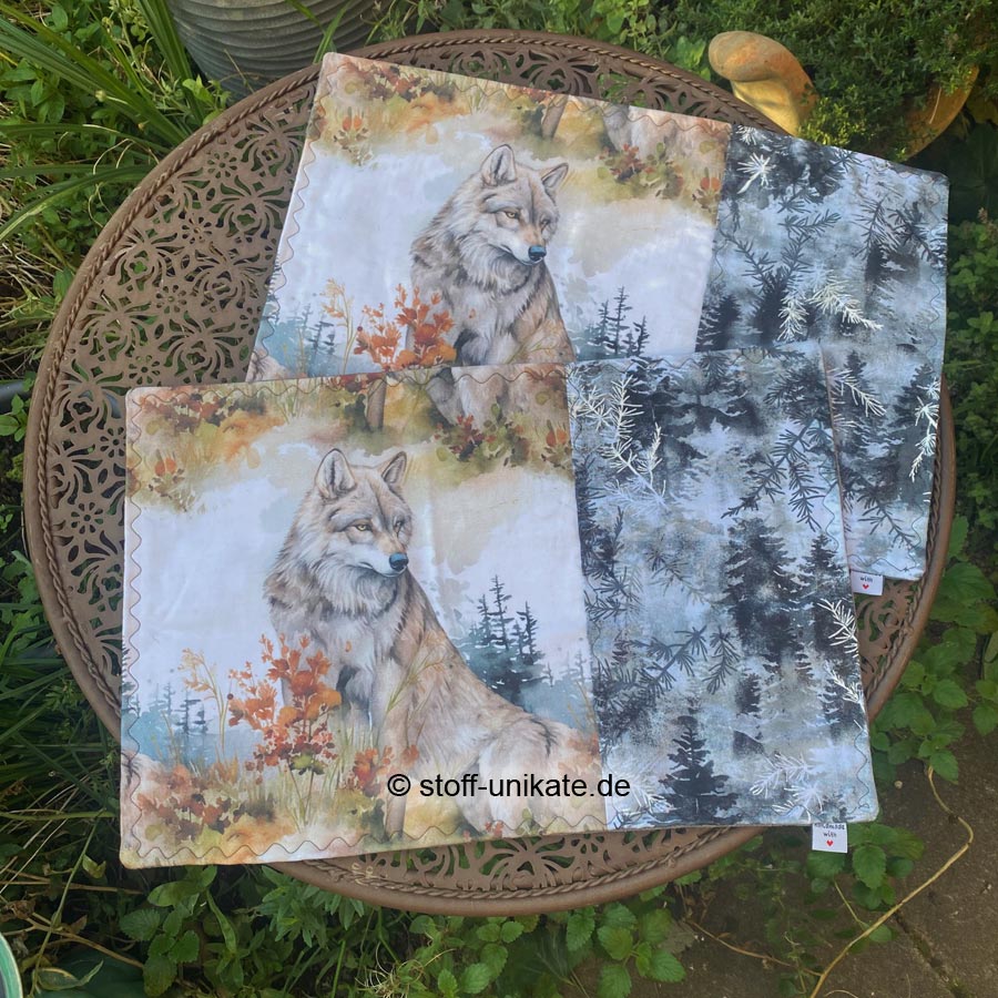 Tischsets, Platzdeckchen mit Wolfsmotiven. genäht aus reiner Baumwolle. Stoff-Unikate handmade in Germany