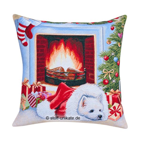 Dekokissen, Gobelinkissen mit Terrier zu Weihnachten. Stoff-Unikate handmade in Germany