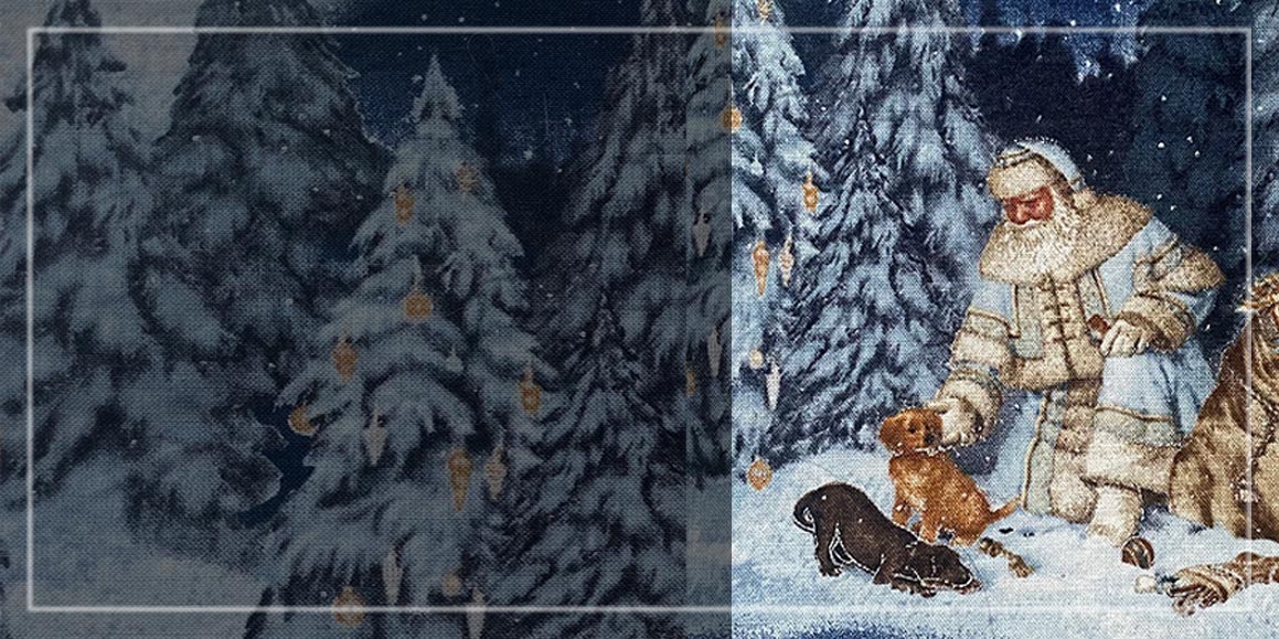 Button Bild für Startseite des Onlineshops zu den Winter Unikaten. Abbildung vom Nikolaus mit kleinen Hundewelpen im verschneiten Winterwald unter dunkelblauem Nachthimmel. Stoff-Unikate handmade in germany