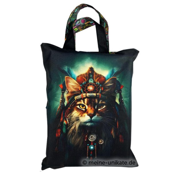 Einkaufstasche, Tragetasche, Shopper mit Inidaner-Katze und Innentasche. Innen Dreamcatcher-Stoff aus reiner Baumwolle. Außen wasserabweisender Stoff. Stoff-Unikat handmade in Germany