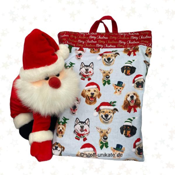 Geschenktasche, Tasche <br> Verpackung, Stoffbeutel <br>„Merry Christmas Dogs" <br>Witzige Geschenkverpackung
