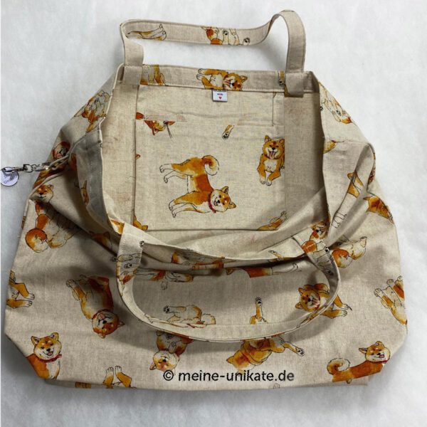 Tragetasche, Stofftasche, Einkaufstasche aus hochwertigem Canvas genäht. mit Hundemotiven Shiba Inus und Einhaufschip. Stoff-Unikat handmade in Germany