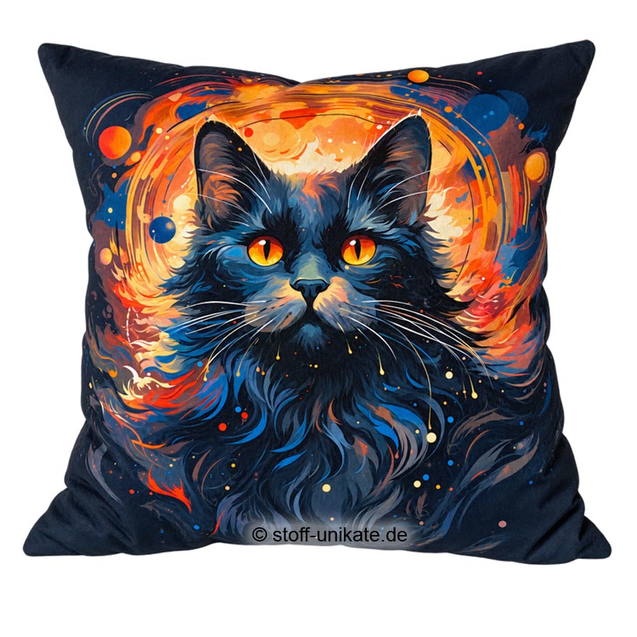 Dekosamtkissen Black Cat mit schwarzer Katze. Stoff-Unikate handmade in Germany