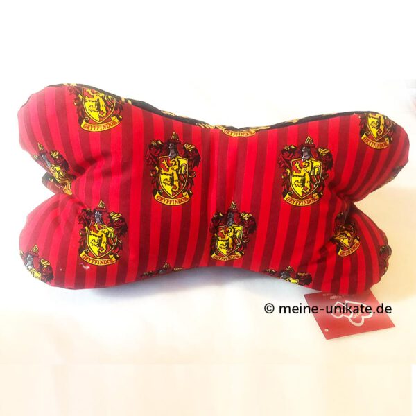 Großer Leseknochen für Harry potter Fans mit Schrift Gryffindor und magischen Zeichen in schwarz-Gold. Stoff-Unikat handmade in Germany