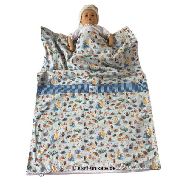 Babydecke, Babytuch Strandzeit genäht aus acufactum-Stoffen. Stoff-unikate handmade in Germany
