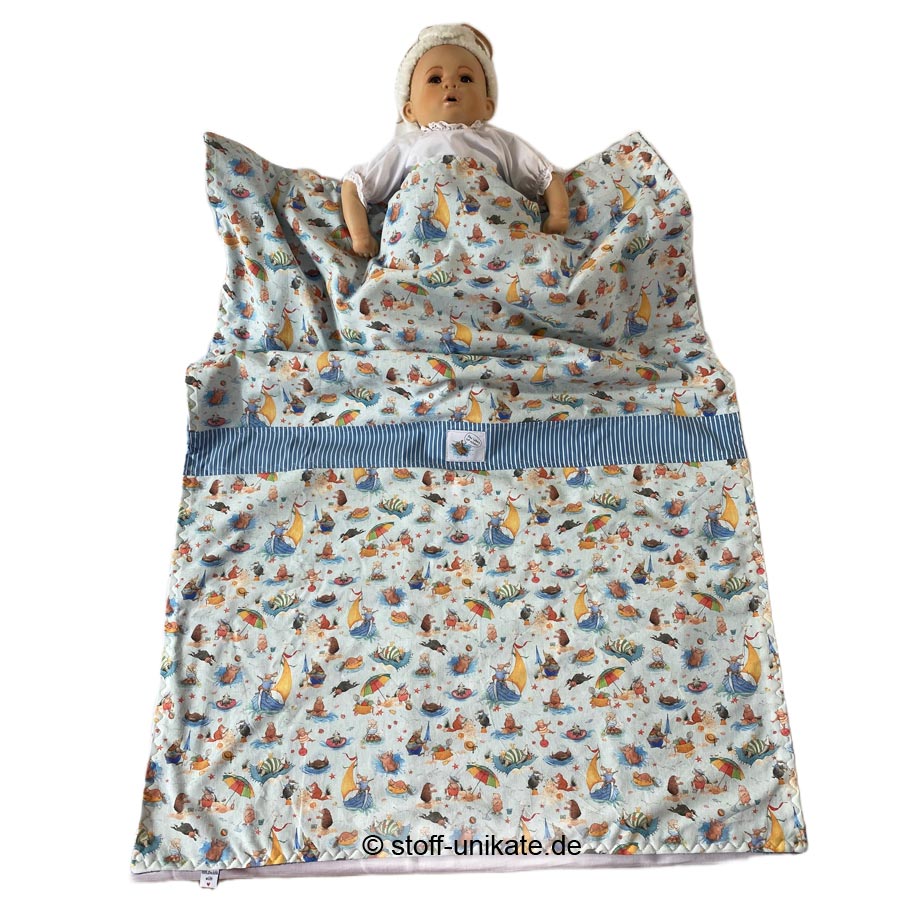 Babydecke, Babytuch Strandzeit genäht aus acufactum-Stoffen. Stoff-unikate handmade in Germany