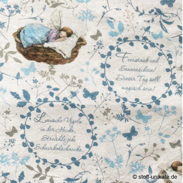 Kinderdecke Elfenträume mit Schriftzug in hellblau. Stoff-Unikat handmade in Germany