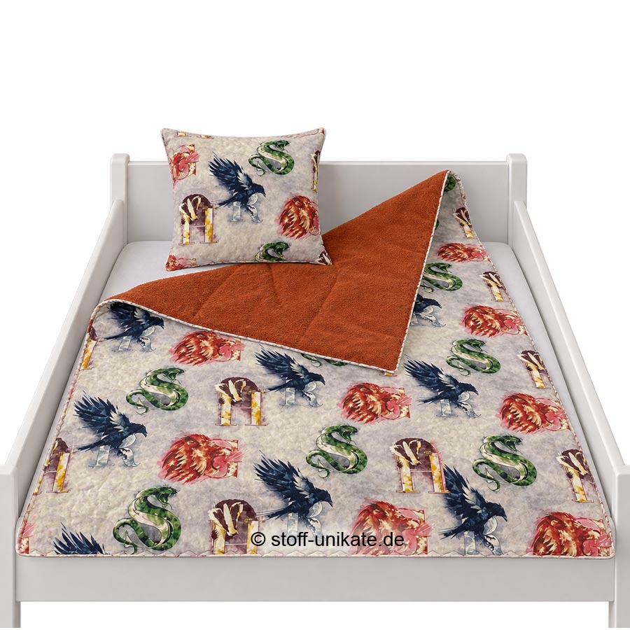 Babydecke, Kinderdecke mit Harry-Potter-Zeichen, magische Häuser. Stoff-Unikate handmade in Germany