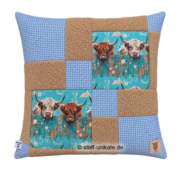 Dekokissen mit Highlander Kühen. Stoff-Unikate handmade in Germany