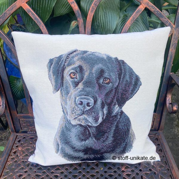 Dekokissen, gobelinkissen mit Labradorkopf. stoff-Unikate handmade in Germany