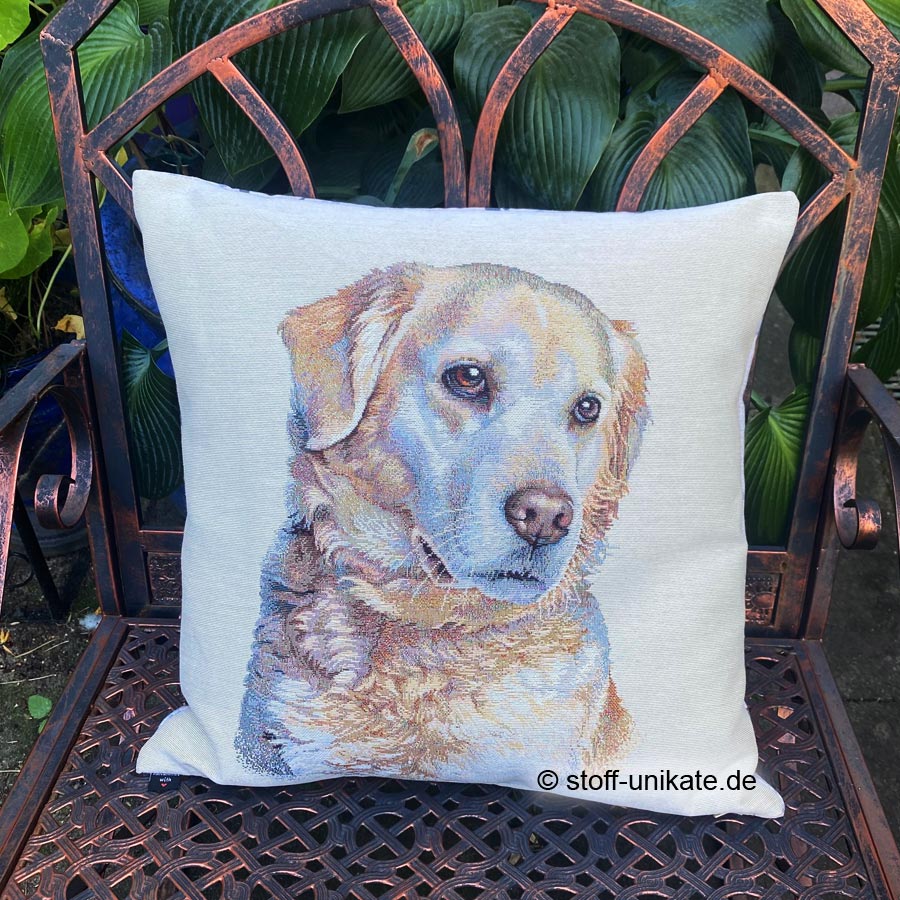 Dekokissen, gobelinkissen mit golden Retriever Abbildung. Stoff-Unikate handmade in germany