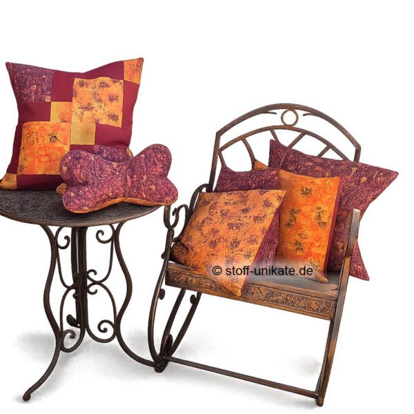 Dekokissen und Leseknochen aus der Serie Herbstzauber mit herbstlichen Blättermotiven. Stoff-Unikate handmade in Germany