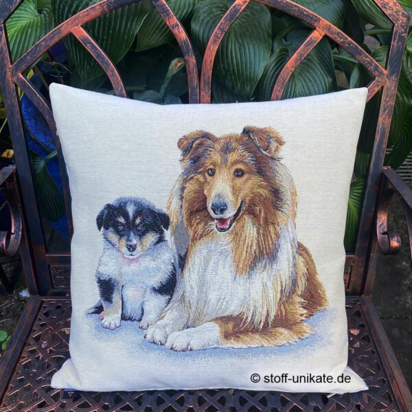 Dekokissen, gobelinkissen mit Collie-Welpe und Hundemutter. Stoff-Unikate handmade in Germany