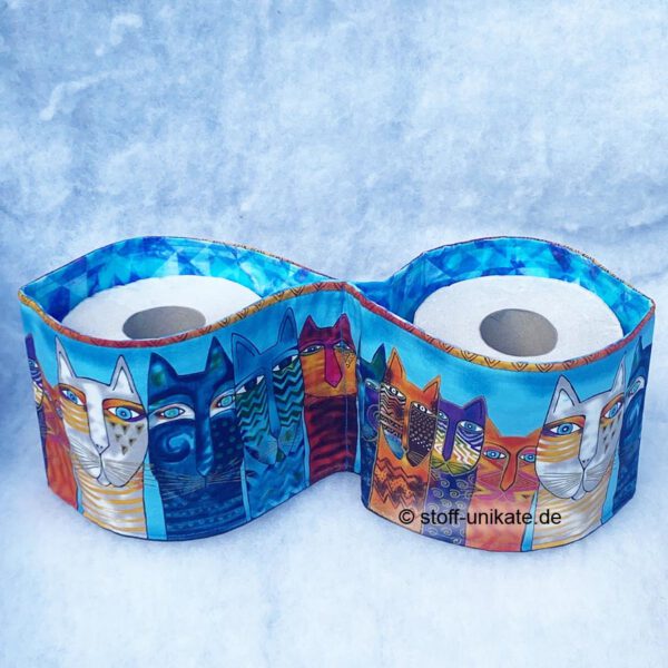 Klorrollenhalter passend für zwei Toilettenpapierrollen. genäht aus reiner baumwolle mit Katzenmotiven von Laurel Burch. Stoff-Unikate handmade in germany