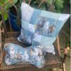 Set bestehend aus Dekokissen und Nackenknochen wählbar. Mit Pferdemotiven in jeansblau. Stoff-unikate handmade in Deutschland