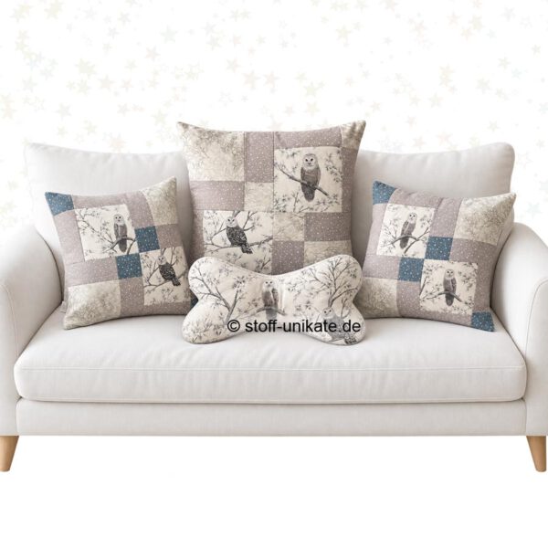 Deko-Kissen Serie Schnee-Eulen. Stoff-Unikate handmade in Germany